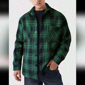 NEW! Heavy knit textured fabric plaid shacket GREEN SIZE LARGE